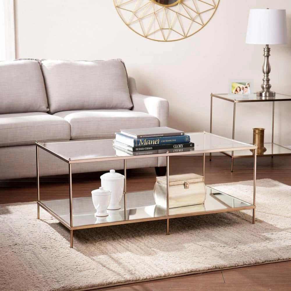 Pandora 43 in. Warm Gold Large Rectangle Glass Coffee Table with Shelf by Southern Enterprises 3 Pandora 43 in. Warm Gold Large Rectangle Glass Coffee Table with Shelf by Southern Enterprises