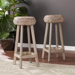 Calzada 30 in. Weathered Gray Water Hyacinth Backless Round Stools 2-Piece Set by Southern Enterprises -Southern Enterprises Sales weathered gray gray washed southern enterprises bar stools hd649481 31 1000
