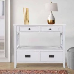36 in. White Modern Rectangle Solid Wood Console Table for Living Room with 4-Drawers and 1-Shelf by Huluwat -Southern Enterprises Sales white huluwat console tables dj tc wf212304aak 31 1000