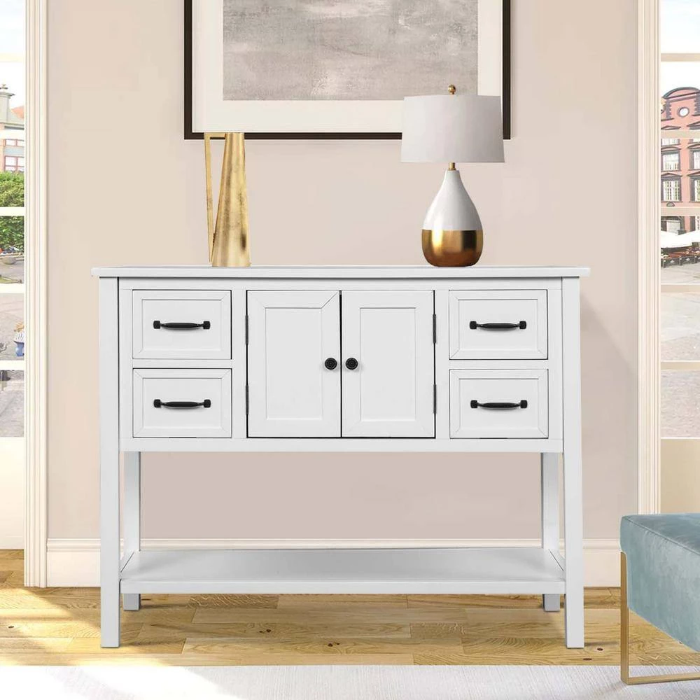 43 in. White Modern Rectangle Solid Wood Console Table for Living Room with 4-Drawers, 1-Cabinet and 1-Shelf by Huluwat 4 43 in. White Modern Rectangle Solid Wood Console Table for Living Room with 4-Drawers, 1-Cabinet and 1-Shelf by Huluwat - Image 2