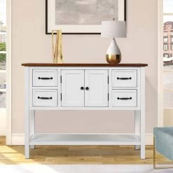 43 in. White Modern Rectangle Solid Wood Console Table for Living Room with 4-Drawers, 1-Cabinet and 1-Shelf by Huluwat -Southern Enterprises Sales white huluwat console tables dj tc wf286836aat 31 1000