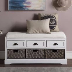 White Homes Collection Wood Storage Bench with 3-Drawers and 3-Baskets (20.2 in. H x 44 in. W x 13.7 in. D) by Huluwat -Southern Enterprises Sales white huluwat dining benches dj tc wf195955aak 31 1000