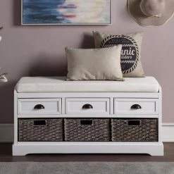 White Homes Collection Wood Storage Bench with 3-Drawers and 3-Baskets (20.2 in. H x 44 in. W x 13.7 in. D) by Huluwat -Southern Enterprises Sales white huluwat dining benches dj tc wf195955aak 76 1000