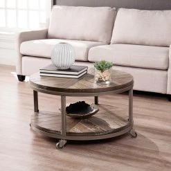 Stilson 32 in. Distressed Gray/White-Limed Burnt Oak Medium Round Wood Coffee Table with Casters by Southern Enterprises -Southern Enterprises Sales white limed burnt oak and distressed gray finish southern enterprises coffee tables hd598871 31 1000